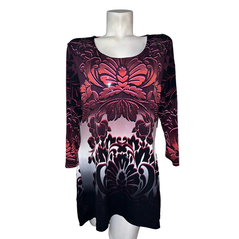 JM Collection Womens XL Floral Ombre Rhinestone Sharkbite Tunic Top Plum Black - Picture 1 of 8